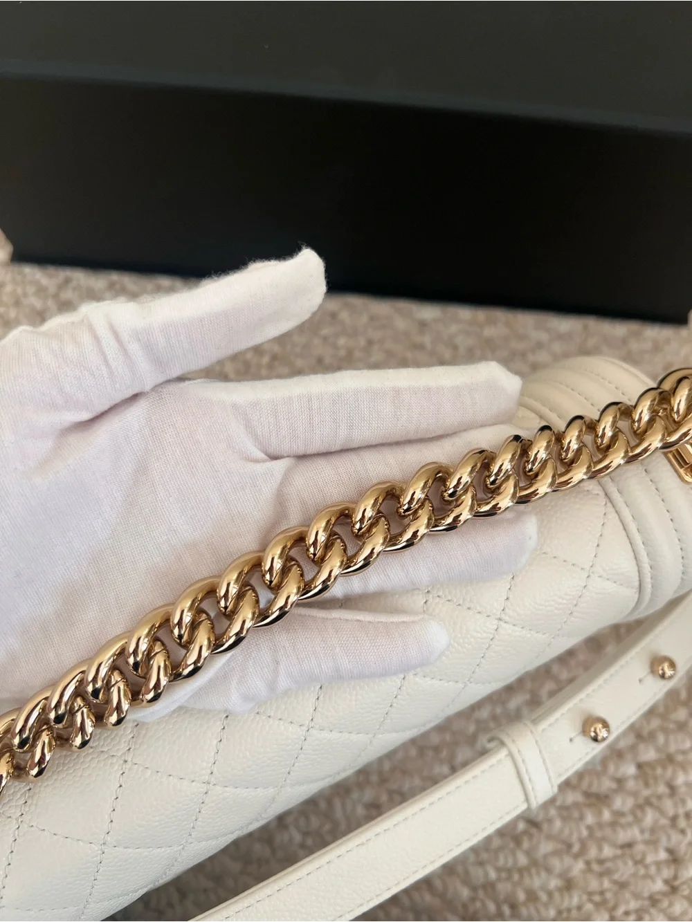 Chanel Caviar White Medium Boy Bag with Champagne Gold Hardware